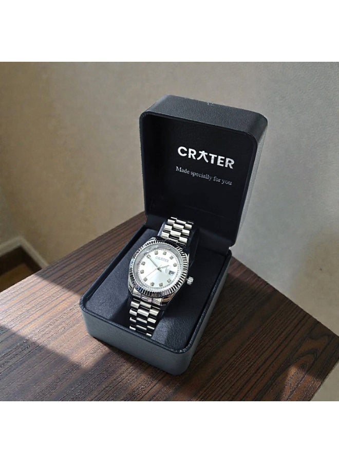 كريتر  ساعة كريتر (CRATER) للرجال – تصميم ملكي فاخر من الستانلس ستيل، مينا كلاسيكي مع عرض التاريخ، مقاومة للماء – تشمل علبة الماركة (فضي /فضي ). - Image 3